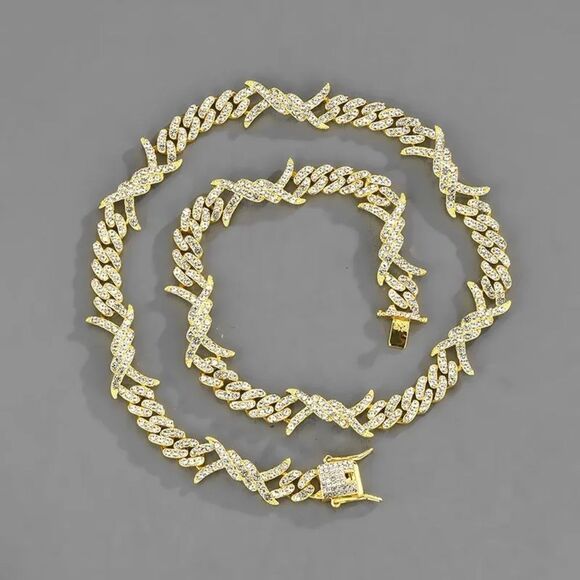 Gold Zircon Rock Thorns Cuban Chain Necklace - Picture 4 of 7